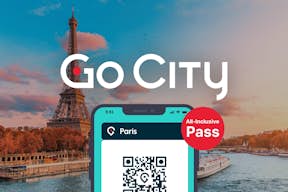Paris pass on a smartphone with the Eiffel tower in the background