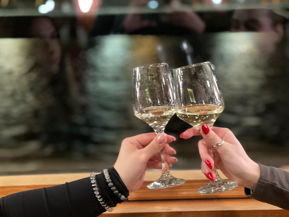 Two hands clinking wine glasses with a blurred waterfront background.