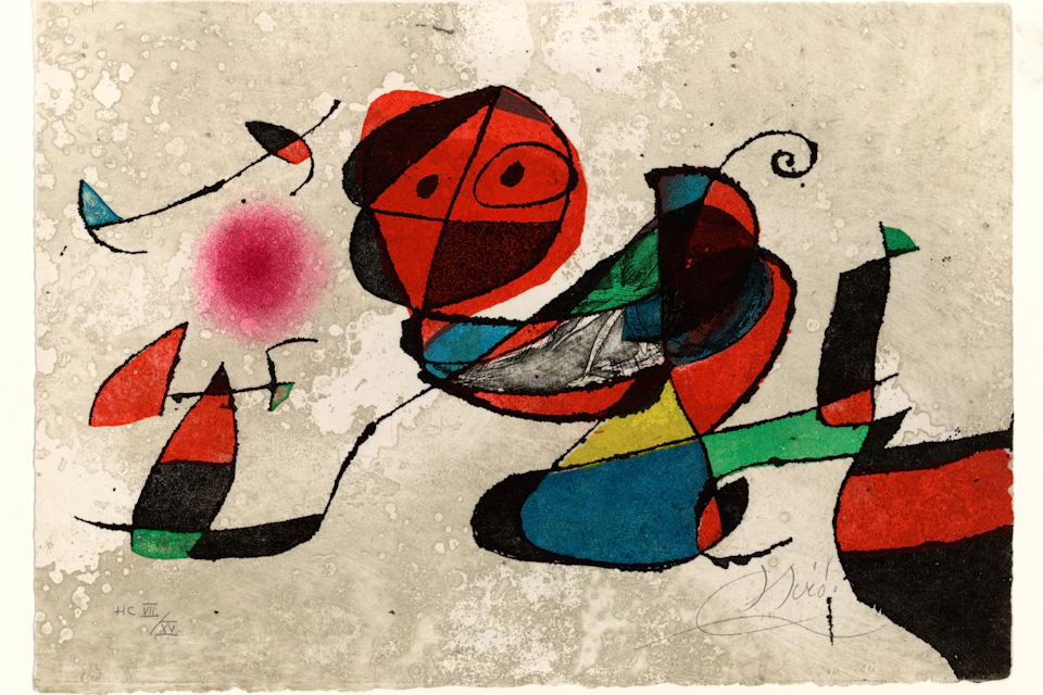 An abstract artwork featuring colorful geometric shapes and lines on a textured background.