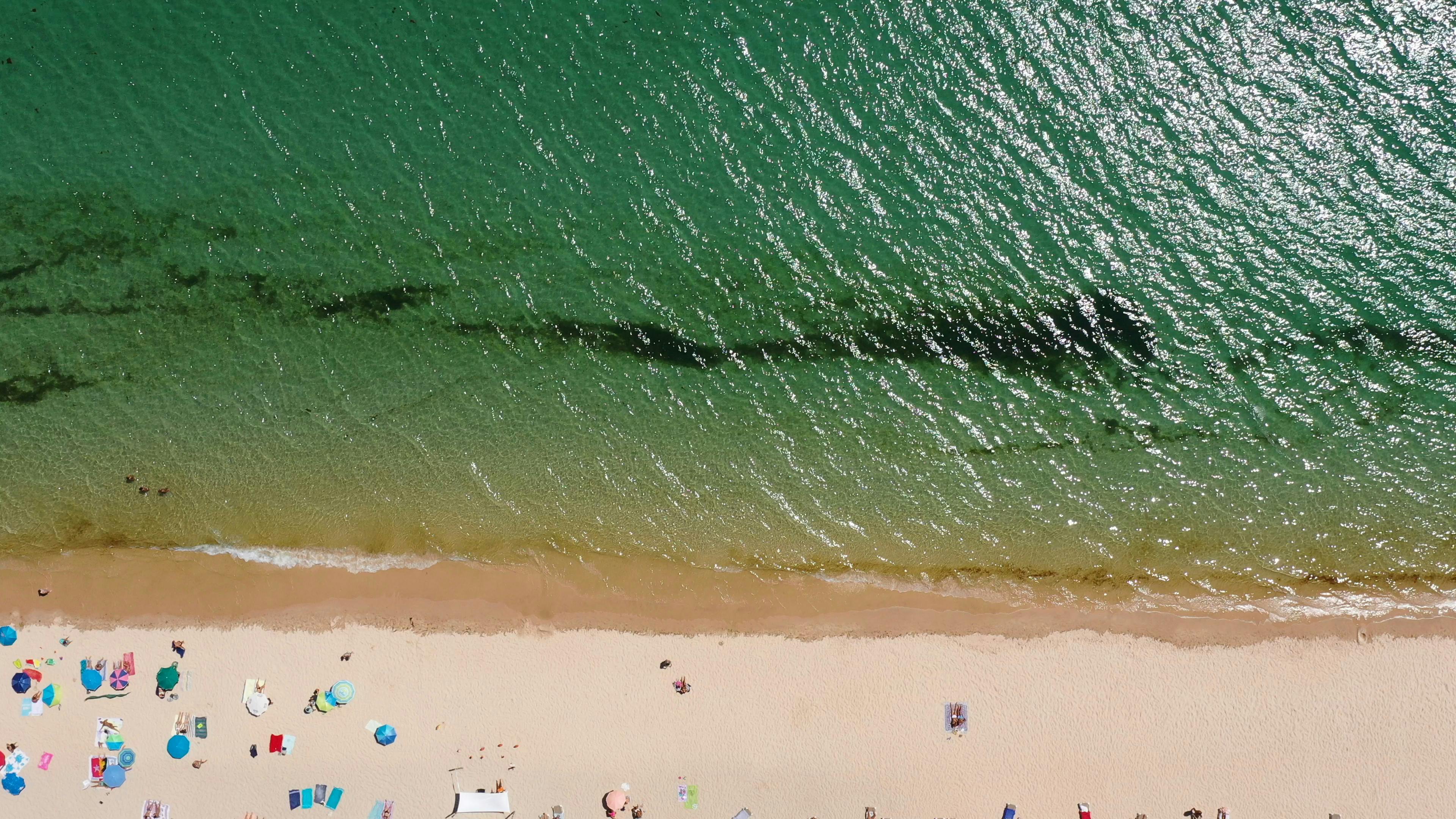 Εναέρια άποψη μιας παραλίας με ανθρώπους να κάνουν ηλιοθεραπεία στην άμμο και καθαρά πράσινα κύματα να χτυπούν την ακτή.