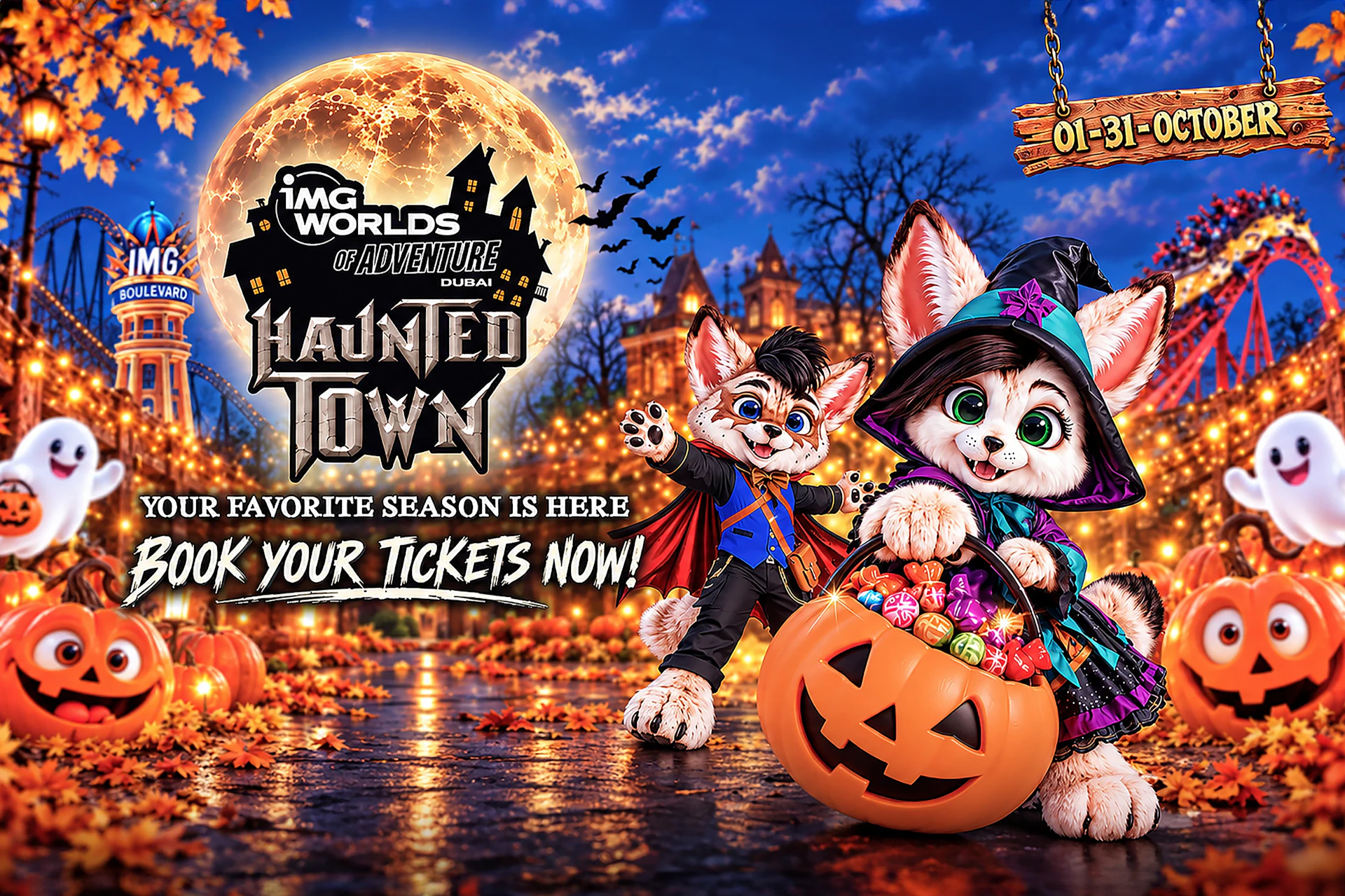 Two animated characters dressed in Halloween costumes holding candy-filled pumpkins with a festive autumn background.
