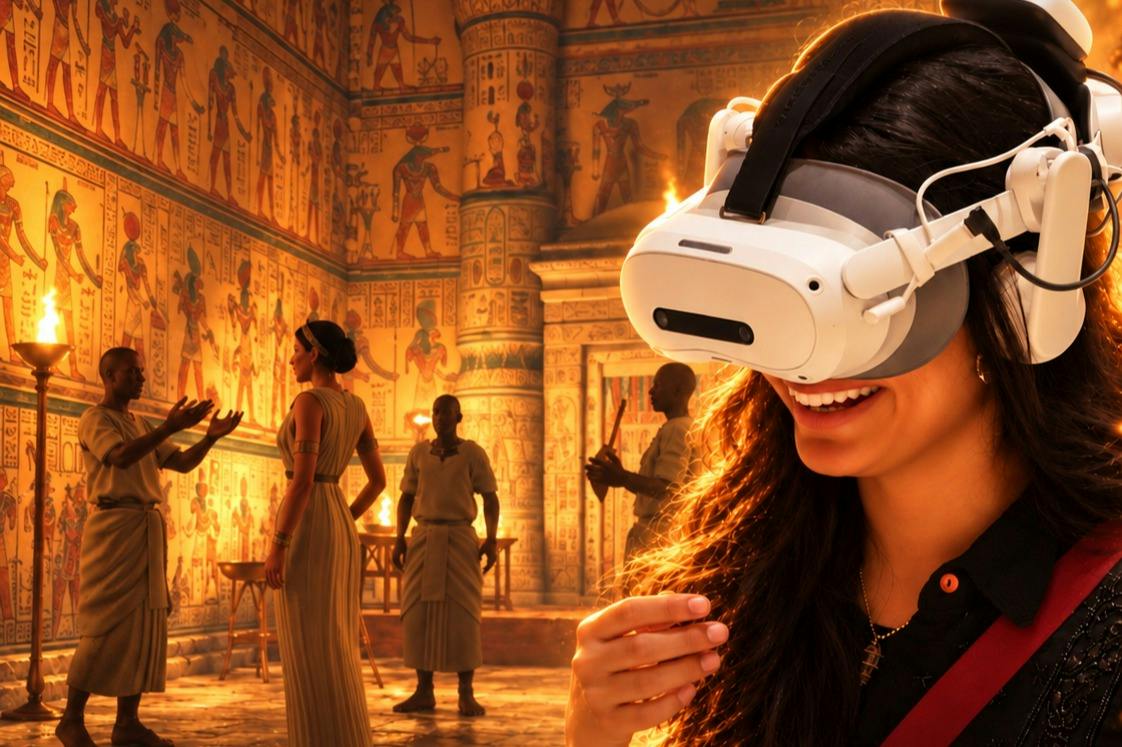 A person wearing a VR headset smiles, with an ancient Egyptian-themed scene in the background featuring people and murals.