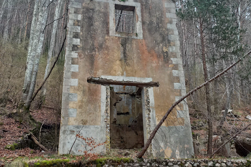 A weathered stone structure with an open doorway and window stands in a forested area, surrounded by trees and moss.