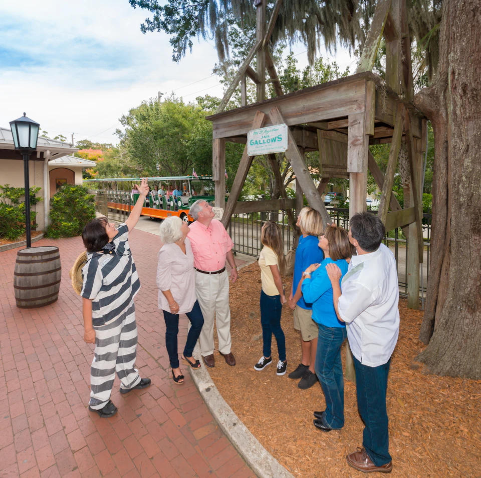 A person dressed as a prisoner points out the "Old St. Augustine Gallows" sign to a group of six people in a historical outdoor setting.