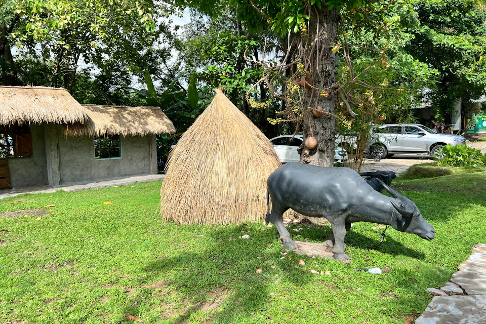 Grass hut and thatched roof shelter near a tree with hanging gourds, adjacent to a black sculpture of a buffalo on a grassy area.