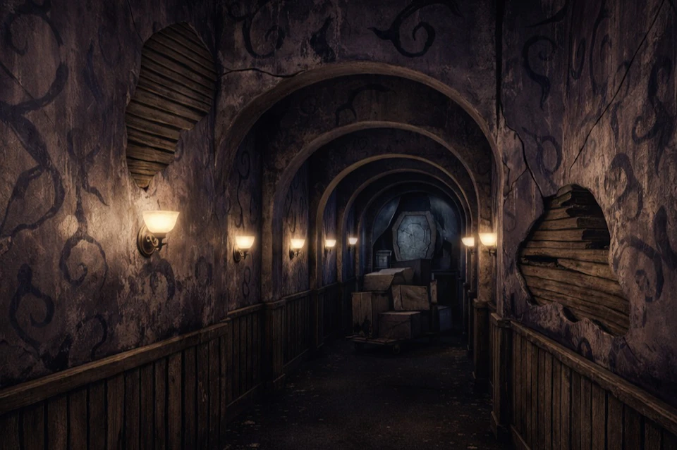 A dimly lit, eerie hallway with arched ceilings, wall-mounted lamps, and scattered wooden crates.