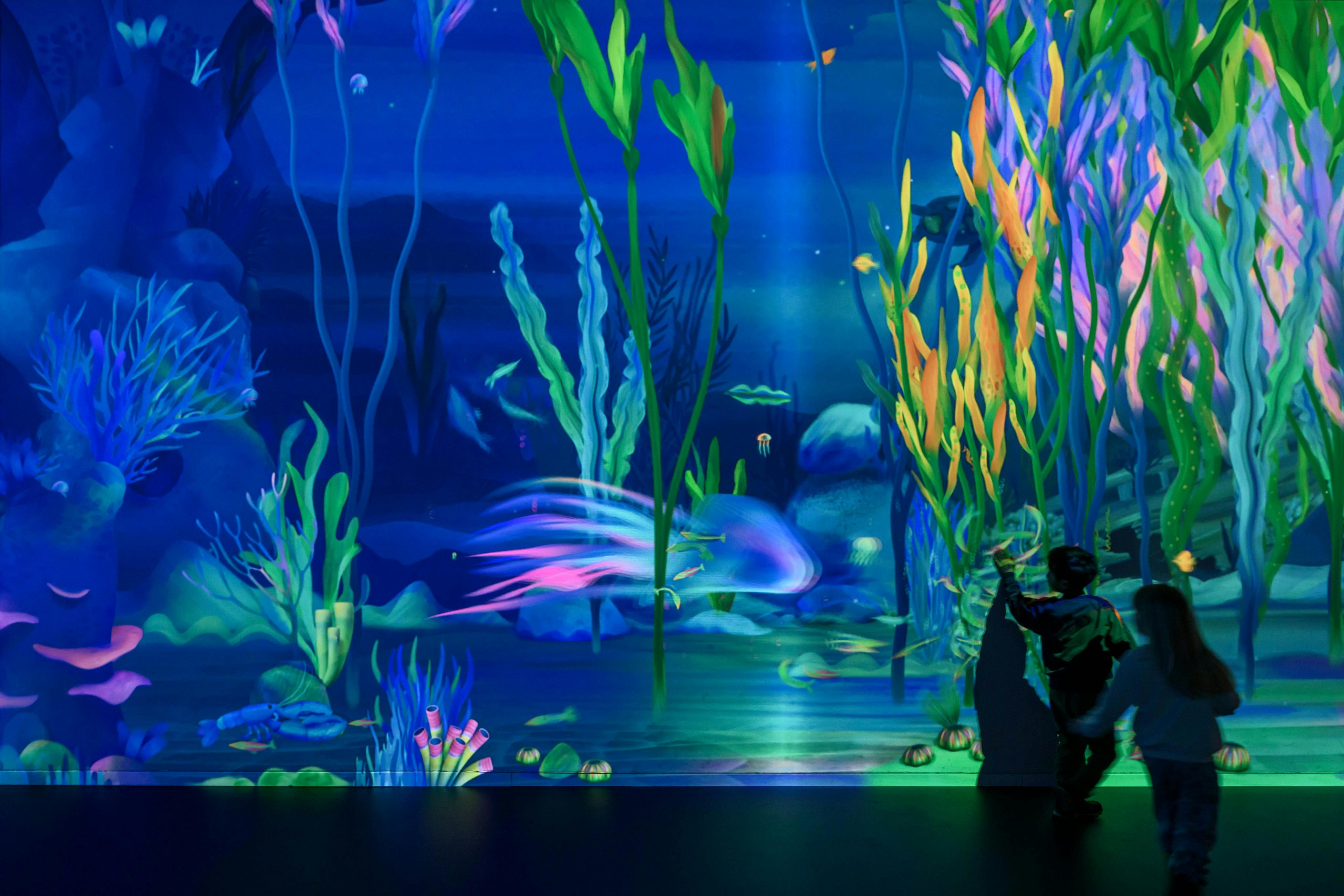 一个孩子观看了一个生动的水下主题展示，展示了五颜六色的水生植物、发光的鱼类和宁静的海洋氛围。