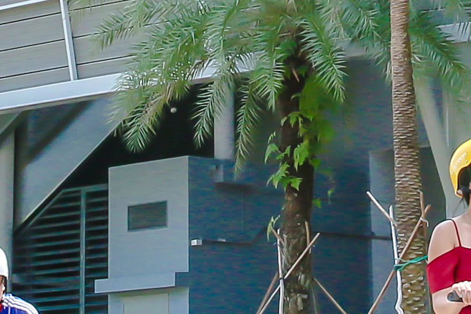 Group of people riding Segways and bicycles in front of a modern building with palm trees and a tiled walkway.