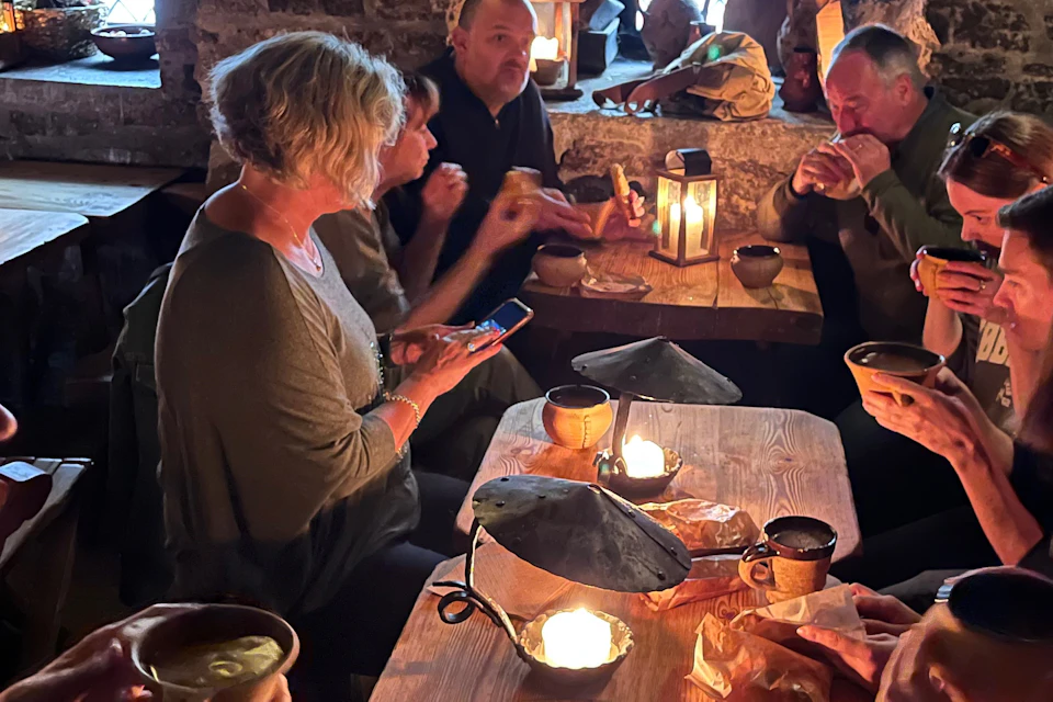 Moose broth and pie break at medieval-themed tavern.