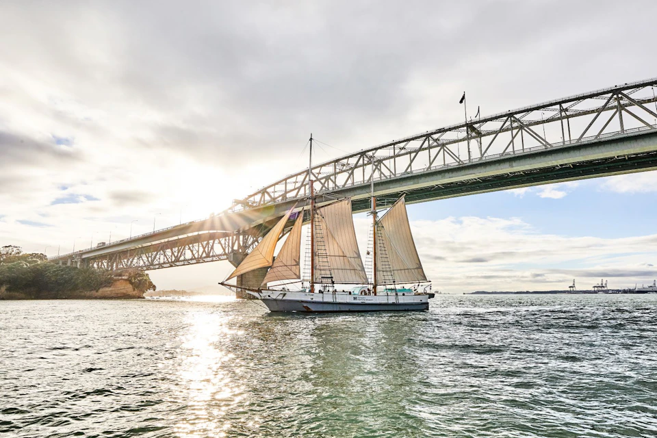 A sailboat with tan sails on a sunny day, sailing under a large steel bridge over calm water.