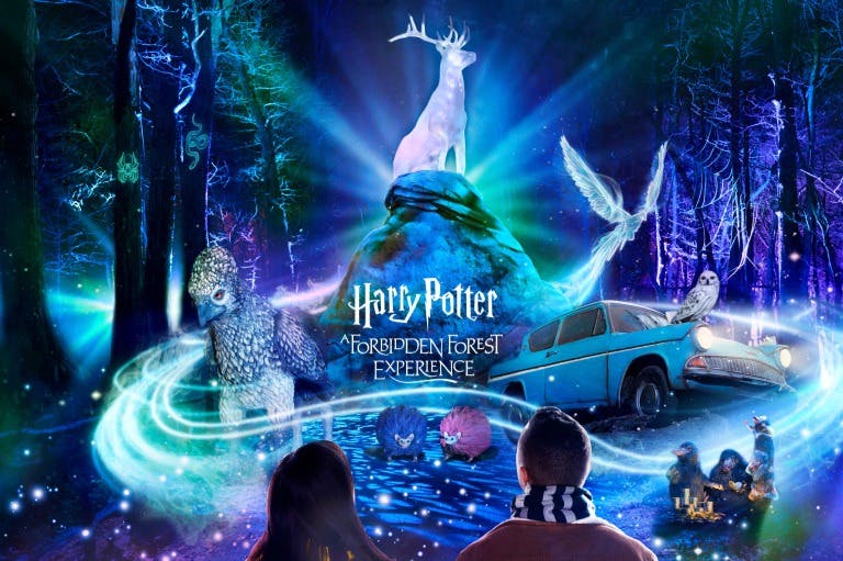 Μαγική δασική σκηνή με λαμπερά πλάσματα, πλωτό αυτοκίνητο, γιγαντιαίο ελάφι και κείμενο "Harry Potter: The Forbidden Forest Experience".