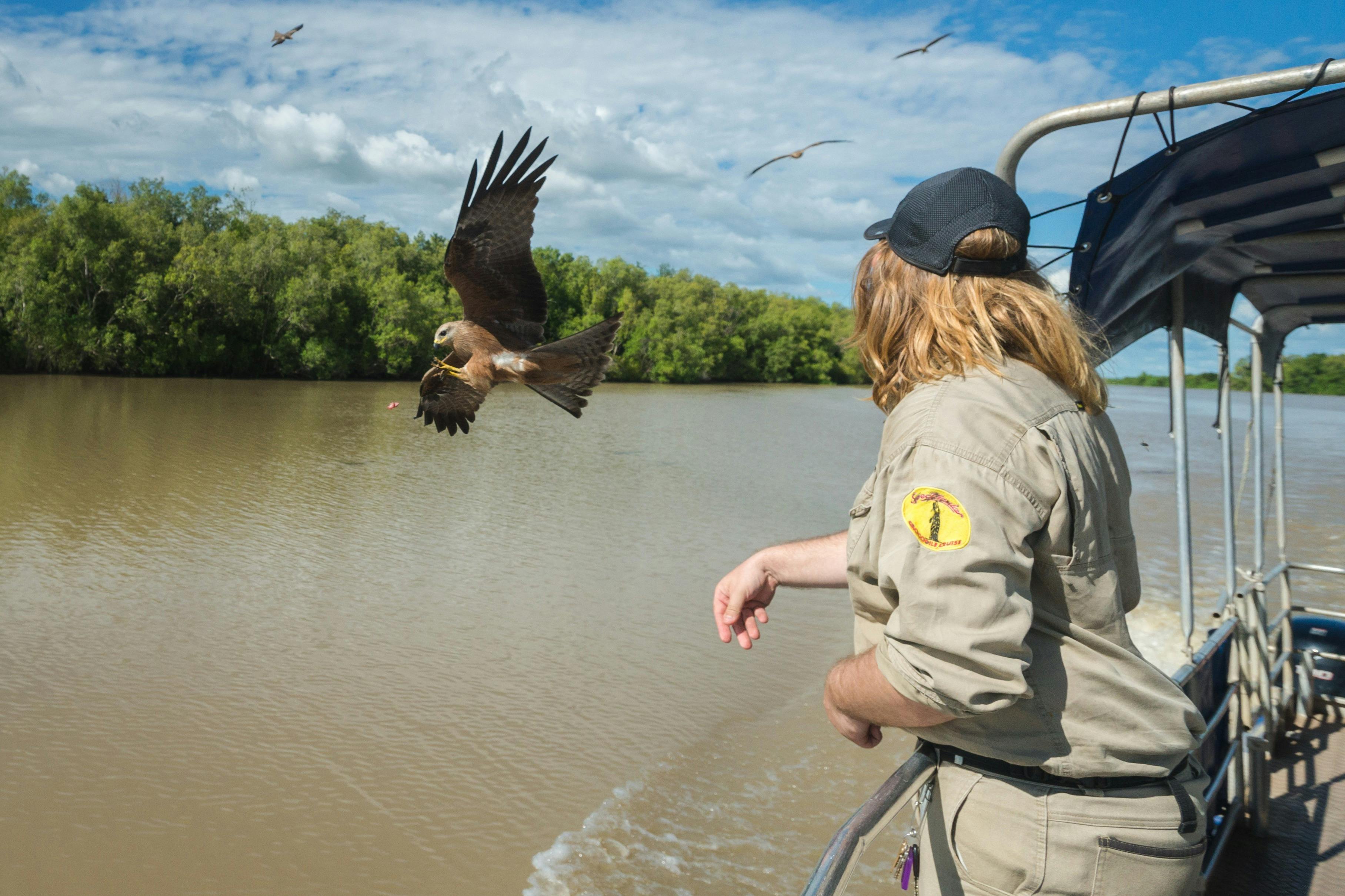 Tour guide throwing food to a bird in flight while on board boat