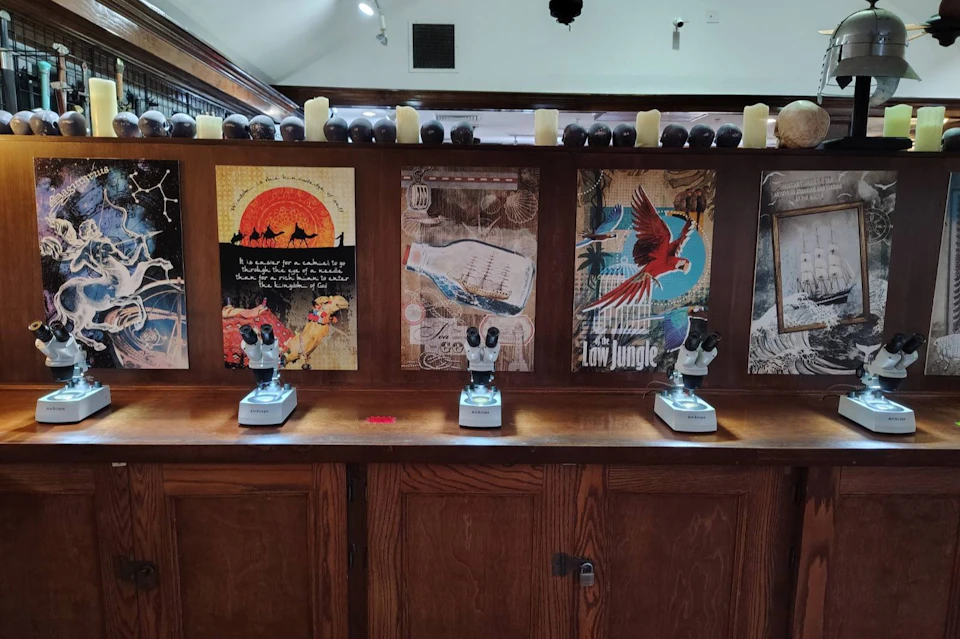 A wooden display with three microscopes on a counter, posters behind them, and candles and decorative items on top.