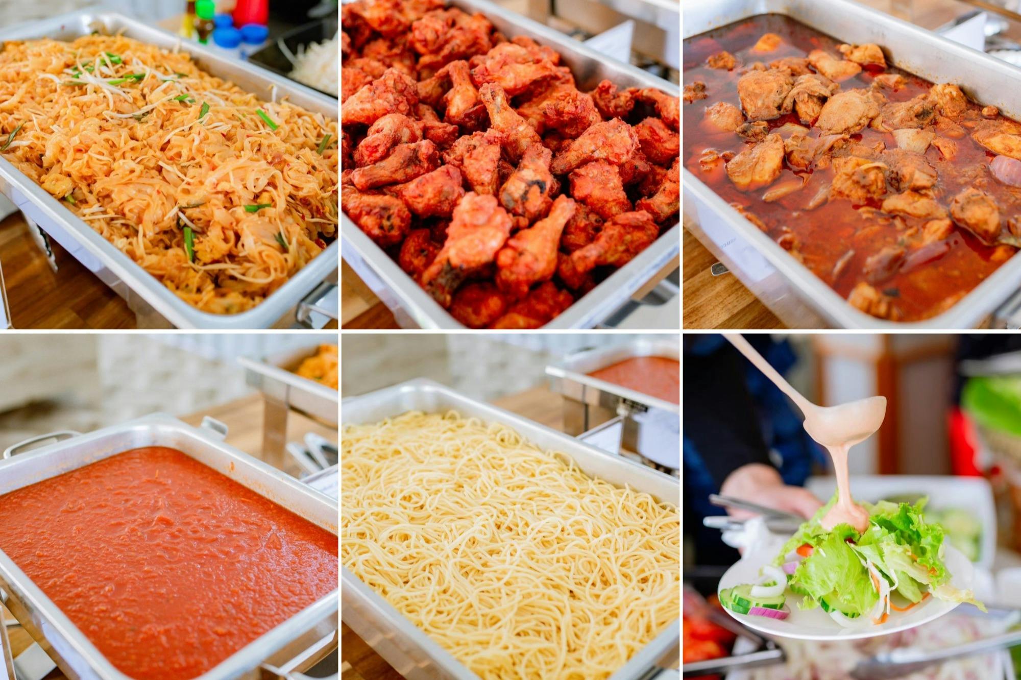 自助餐盘的拼贴画，里面装满了各种菜肴：炒面、炸鸡、酱汁鸡、玛丽娜拉酱、意大利面条和沙拉。