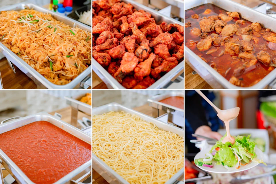 A collage of buffet trays filled with various dishes: stir-fried noodles, fried chicken, saucy chicken, marinara sauce, spaghetti, and a person serving salad.
