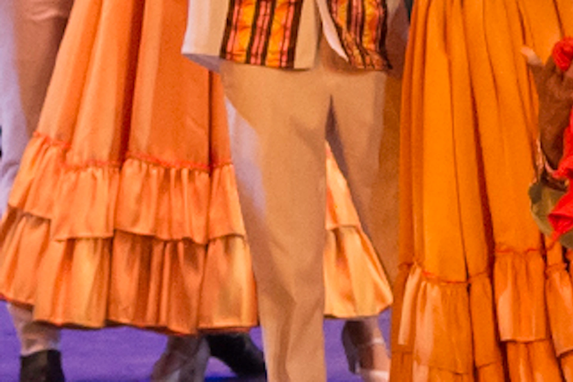 A group of dancers in colorful traditional costumes perform in front of a large tree backdrop on a stage with purple lighting.