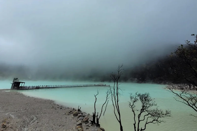 A misty lake with pale water, a wooden bridge, and leafless trees in the foreground.