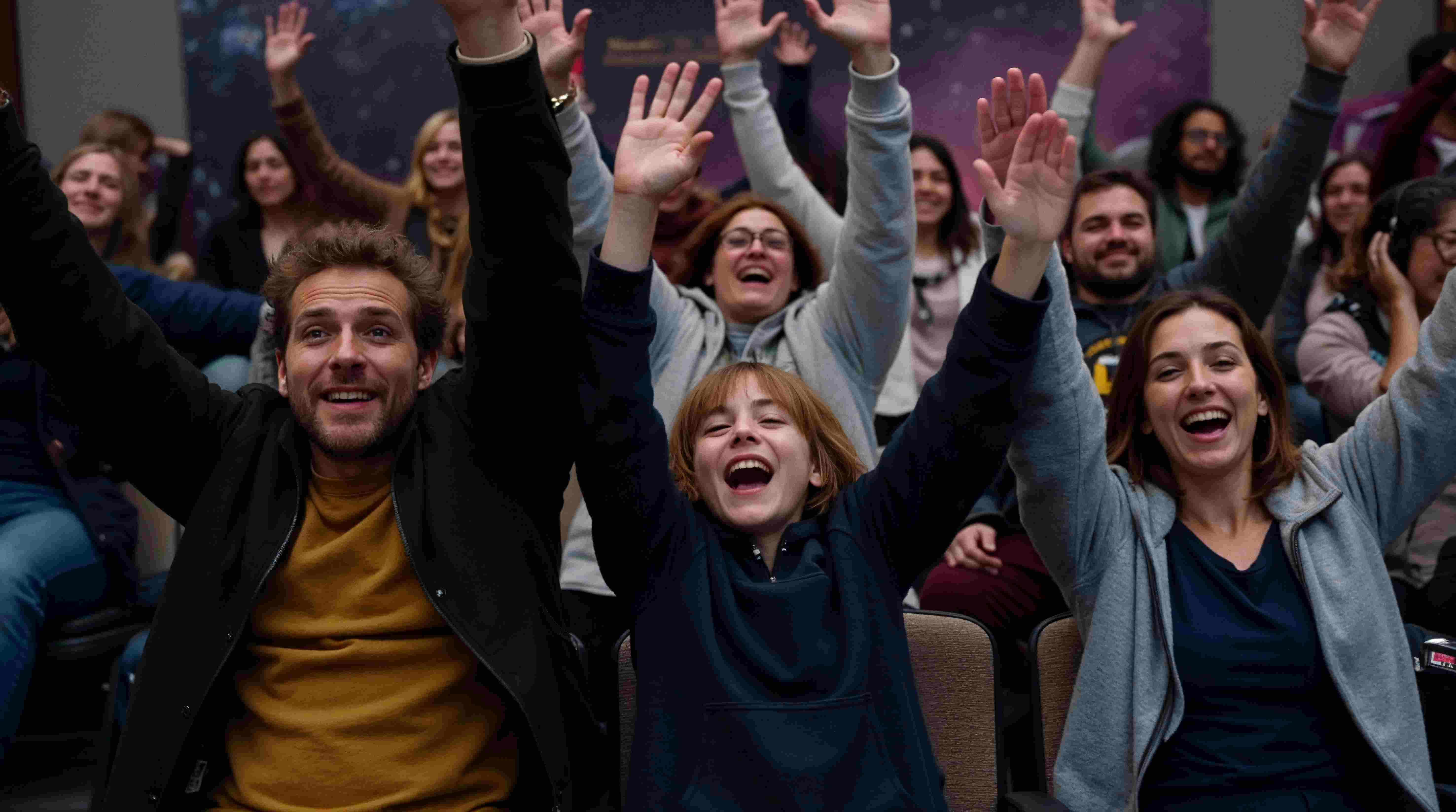 人们举起双臂，在拥挤的室内环境中微笑和欢呼。