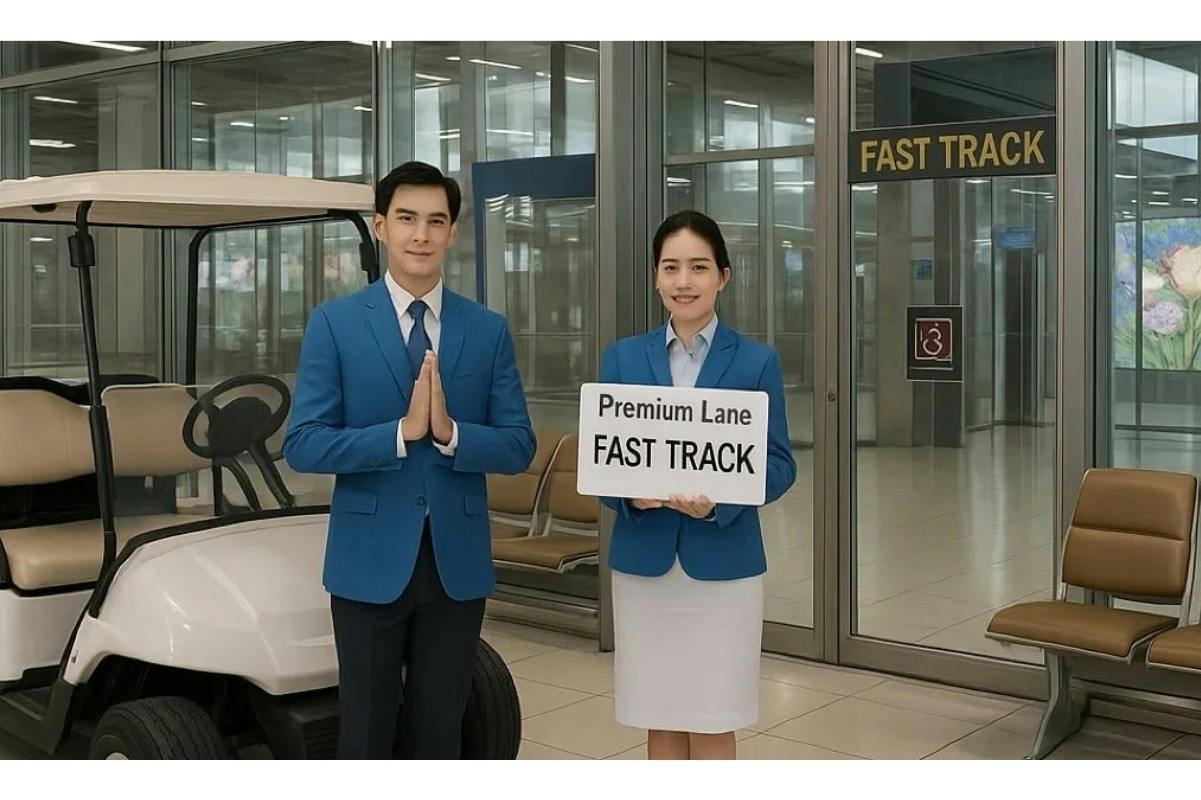 Two individuals in blue uniforms stand indoors; one holds a sign reading 'Premium Lane Fast Track'.
