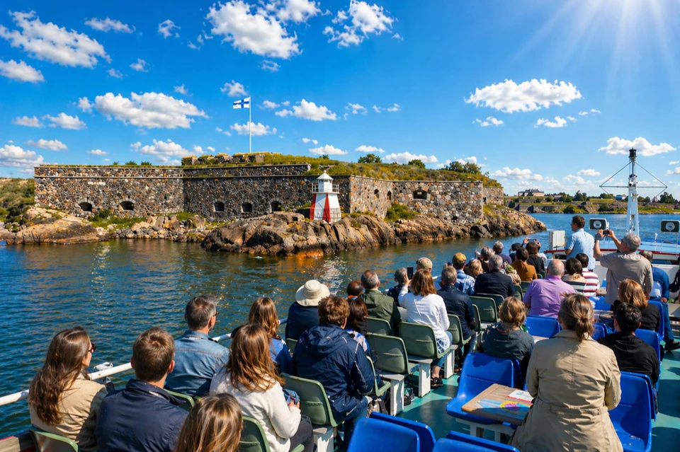 A group of people on a boat viewing a historic stone fortification and lighthouse under a sunny sky with scattered clouds.