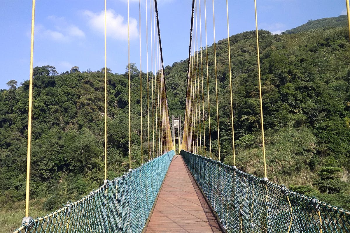 A suspension bridge with green netted sides spans a forested valley under a blue sky with light clouds.