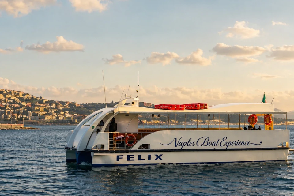 A boat labeled 'Naples Boat Experience' on water during sunset, with a city and hills visible in the background.