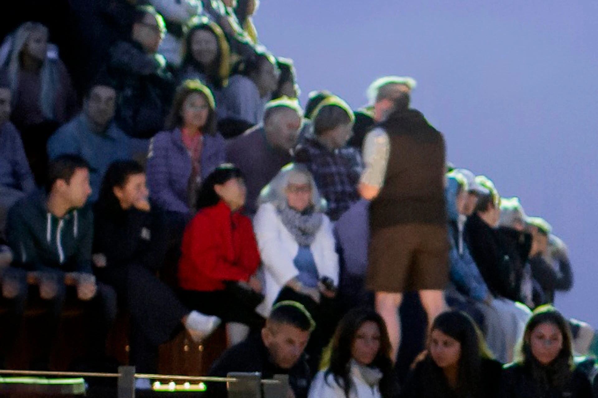 A group of people sitting on a wooden platform at dusk, observing penguins walking on a sandy area below.