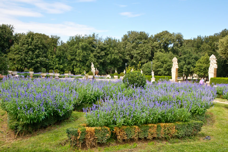 A garden with purple flowers, manicured hedges, statues, and dense trees in the background under a partly cloudy sky.