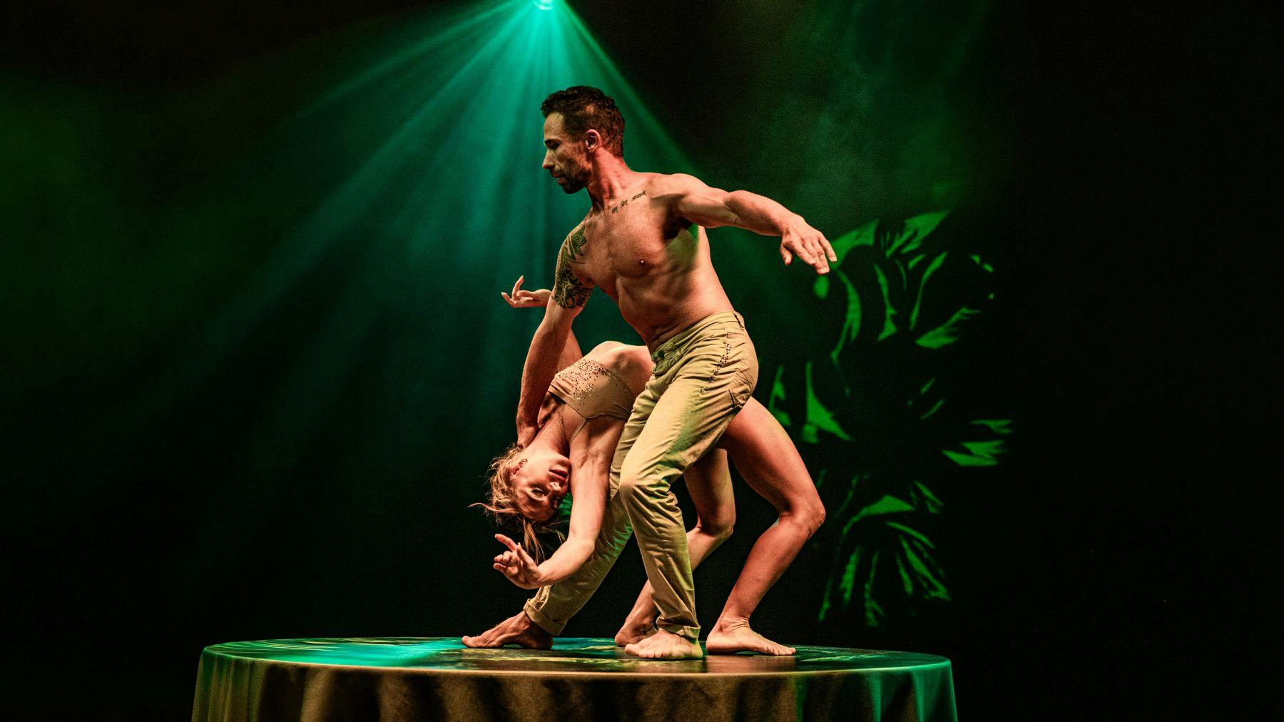Dois artistas em pose de dança num palco com iluminação dramática e padrões verdes no fundo.