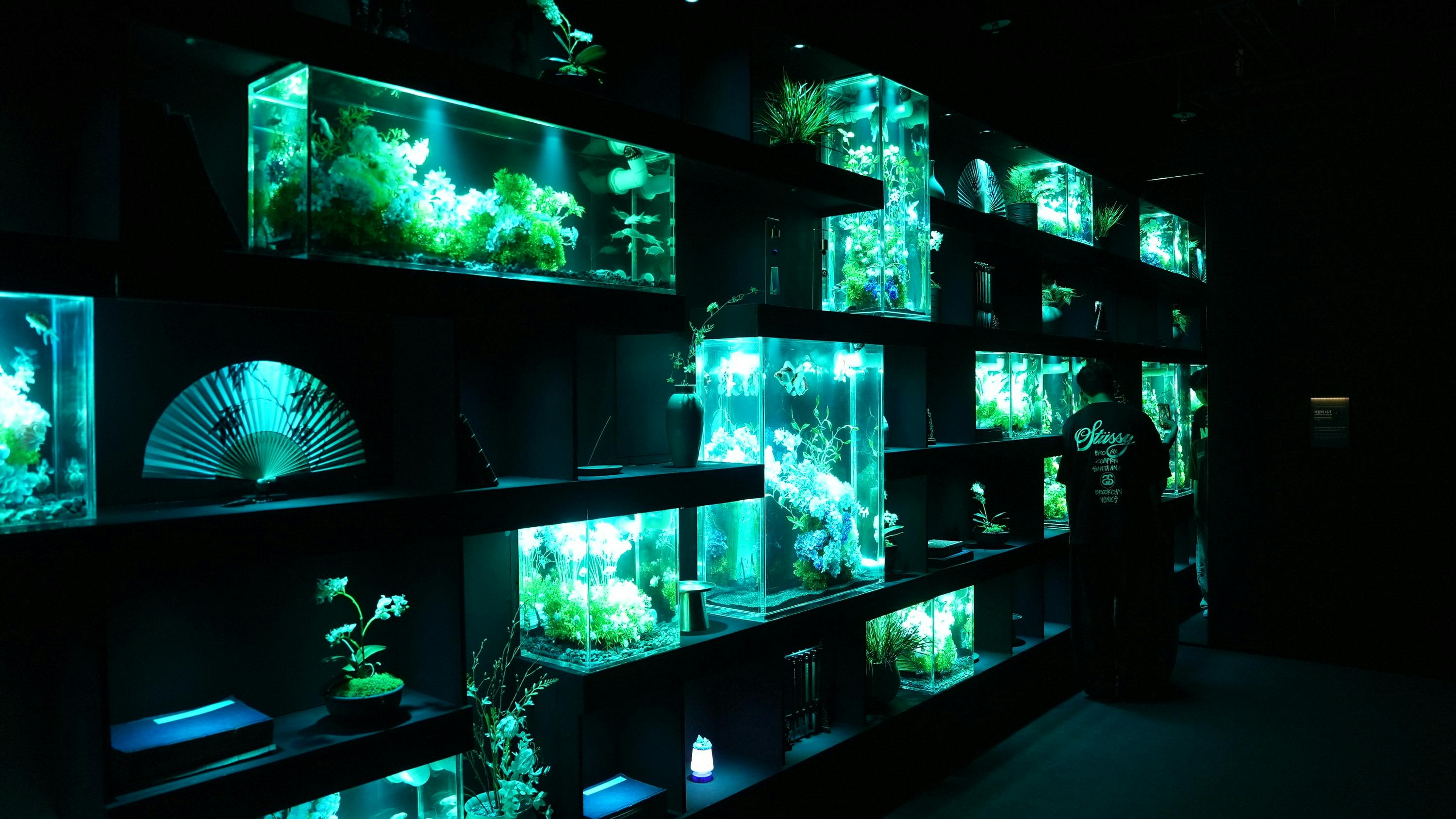 A dimly lit room with an array of illuminated aquariums and decorative plants displayed on shelves.