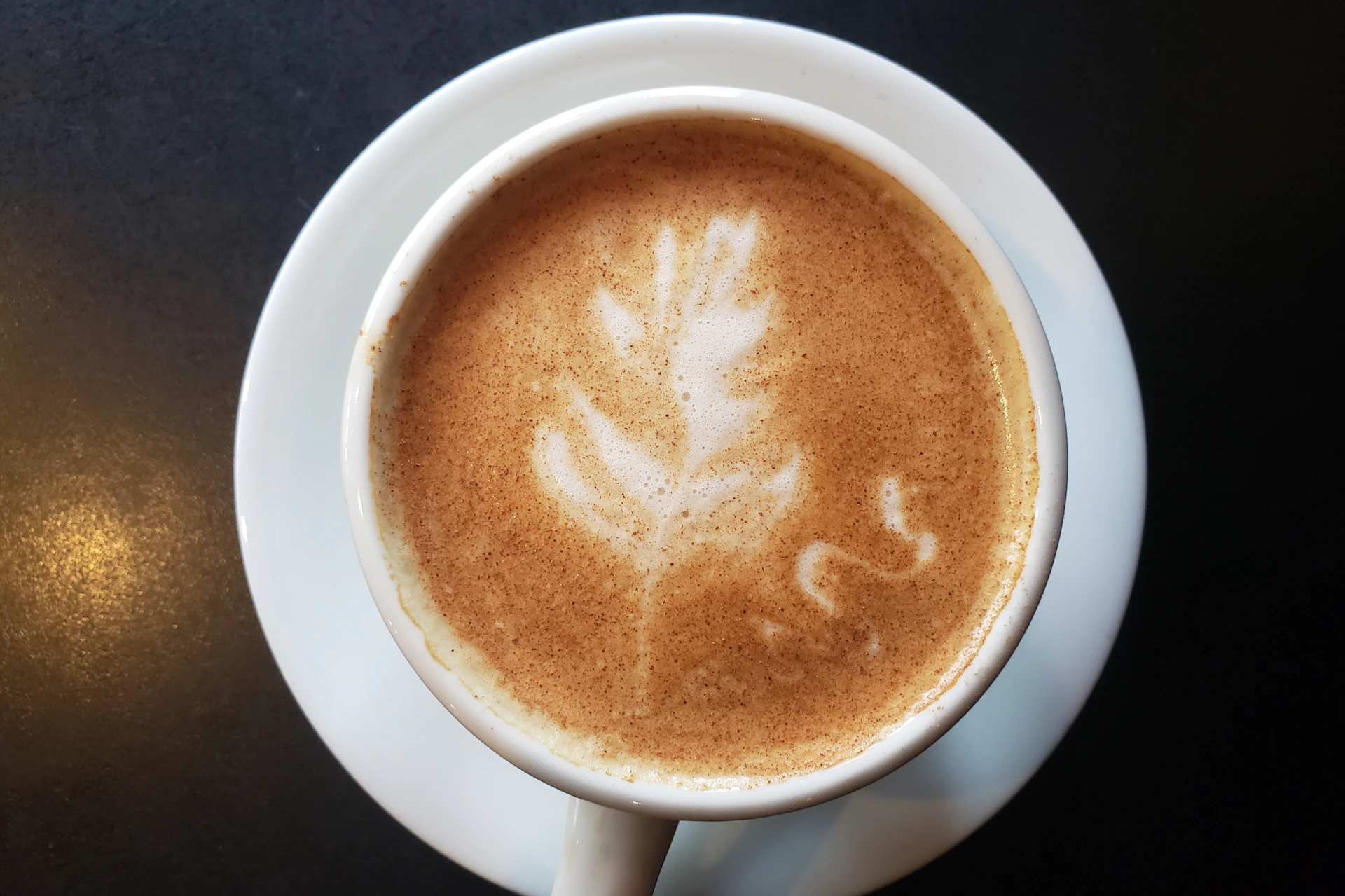 A cup of latte on a white saucer, featuring leaf-shaped latte art on its frothy surface.