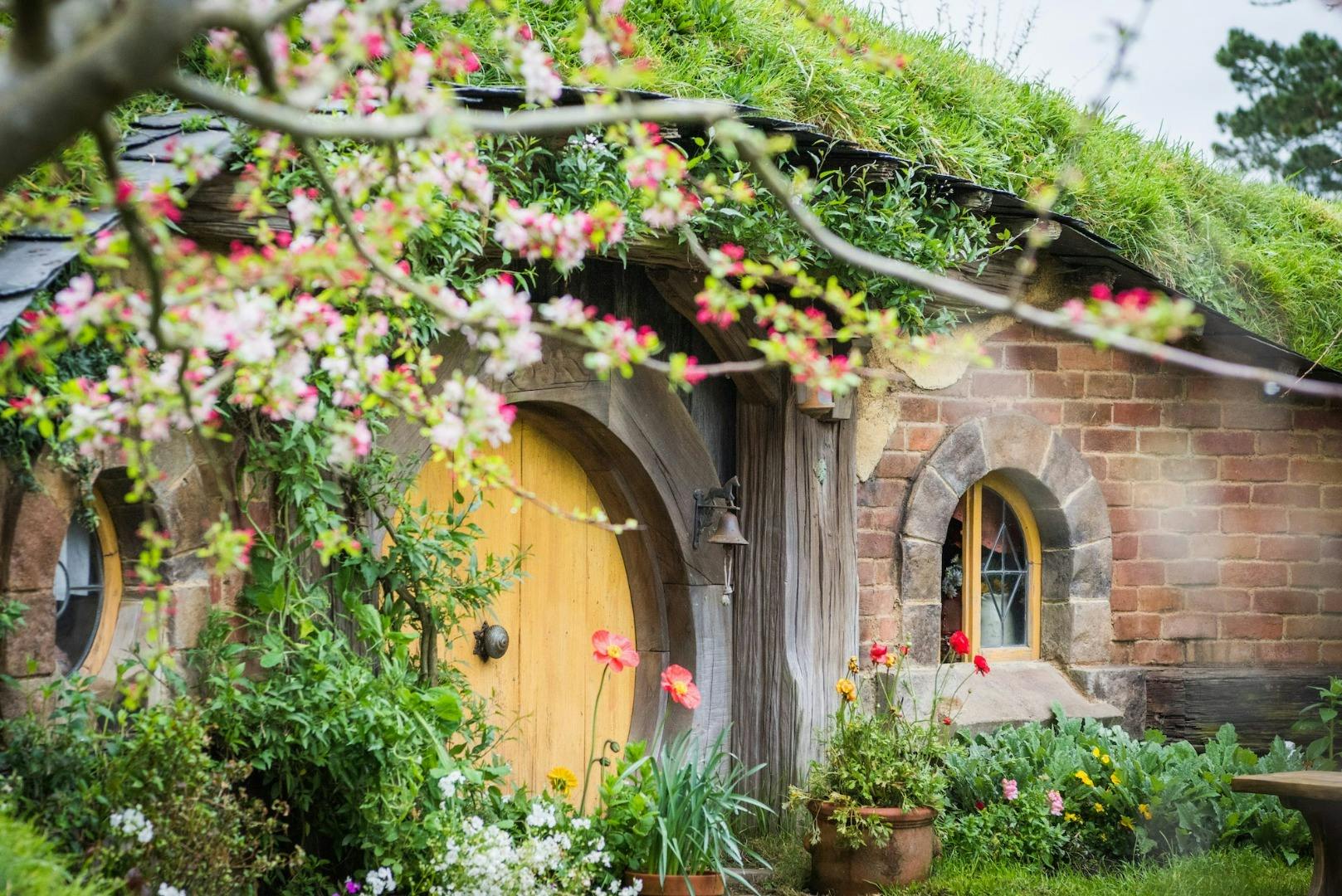 A small house with a green roof, round yellow door, arched window, and colorful flowers, surrounded by blossoming branches.