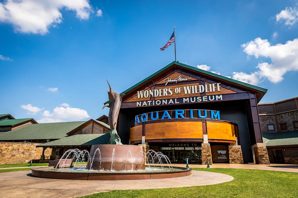 The entrance to the Wonders of Wildlife National Museum and Aquarium, featuring a marlin statue and a fountain.