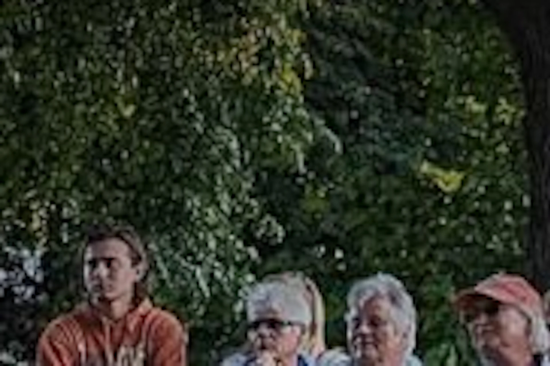 A group of people standing near gravestones in an outdoor setting with trees and grass.