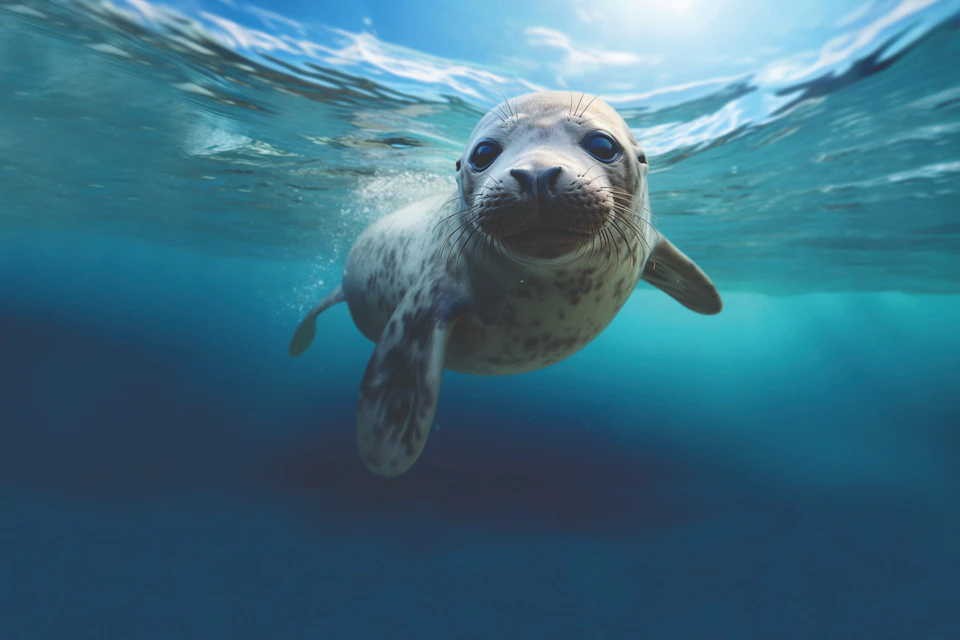 A seal swimming underwater, looking towards the camera, in clear blue ocean water with sunlight streaming from above.