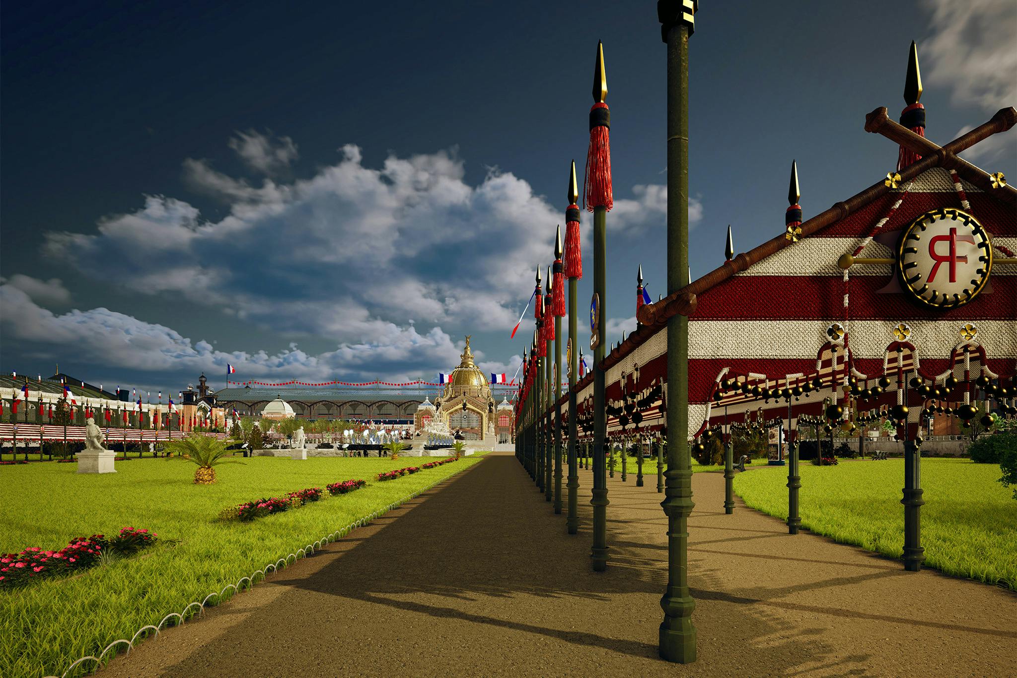 Un percorso cerimoniale con pali decorativi e striscioni rossi, che conduce a un edificio a cupola in un parco paesaggistico sotto un cielo azzurro.