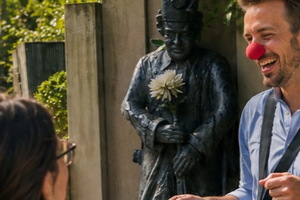 A guide wearing a red clown’s nose is gesturing whilst speaking to a group near a statue in a park.