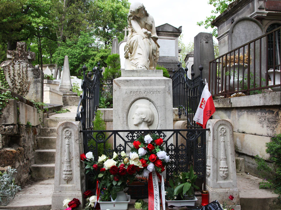 A tombstone adorned with flowers and a Polish flag, featuring a statue and the inscription "A FRED. CHOPIN" amidst other graves.