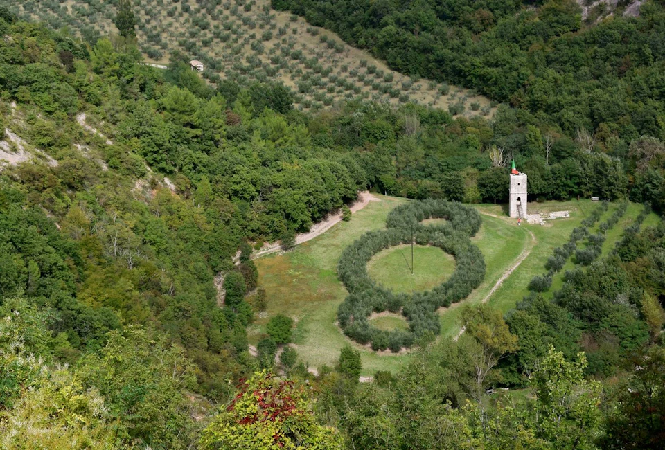 A landscape with a tower, olive trees arranged in circular patterns, and terraced fields surrounded by dense greenery.