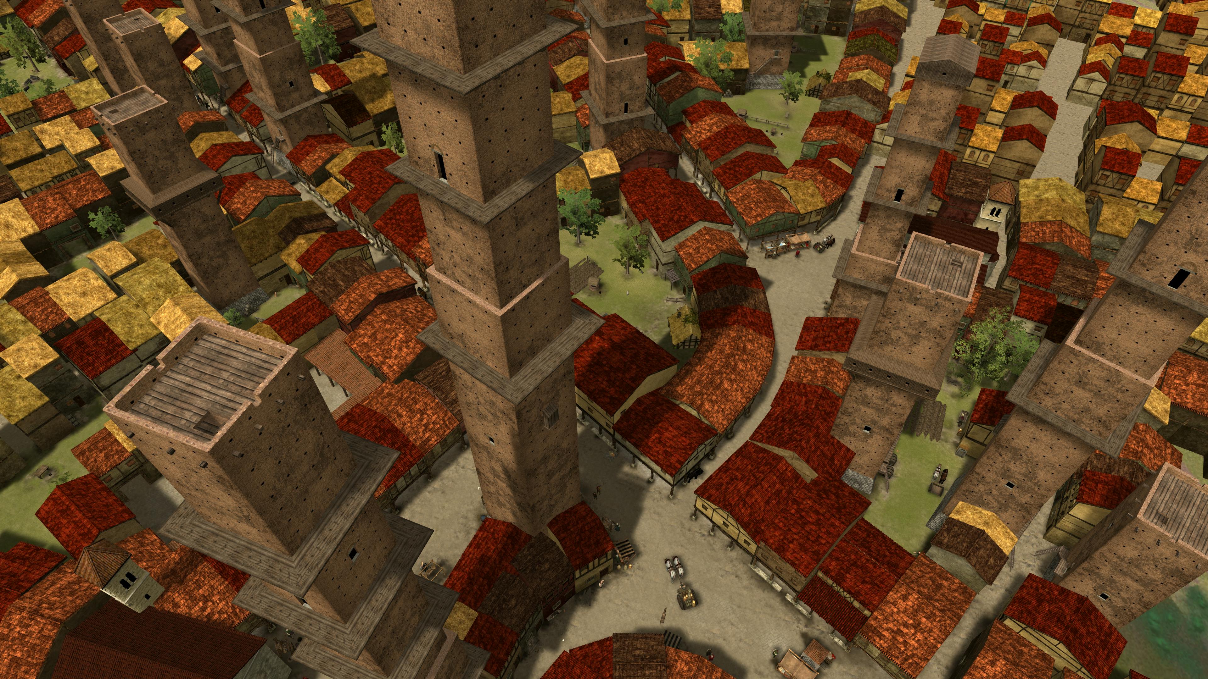 中世纪村庄的鸟瞰图，高大的棕色塔楼和建筑物，红色和黄色的茅草屋顶沿着蜿蜒的街道。