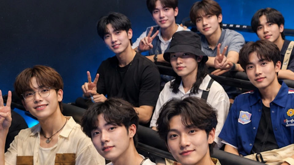 A group of young men posing for a photo while seated in what appears to be a theme park ride, smiling and making peace signs.