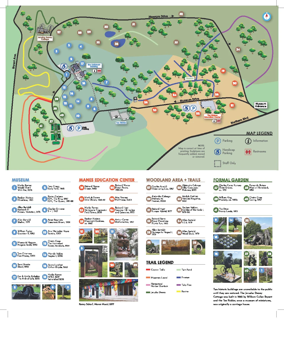 Colorful park map with marked museum, education center, woodland trails, formal garden areas, and other facilities; legend included.