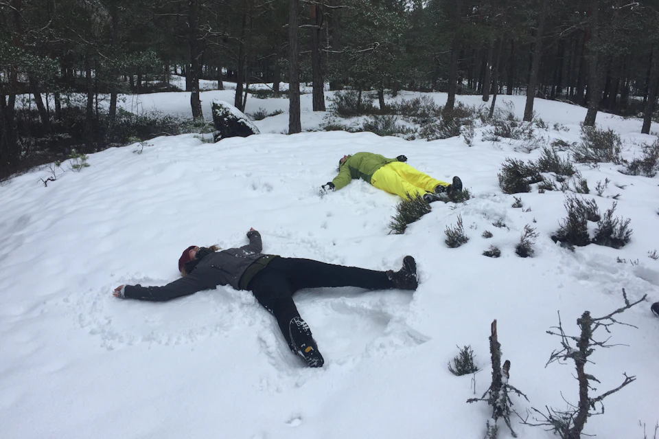Two people in winter clothing lie on their backs in the snow, making snow angels in a forested area.