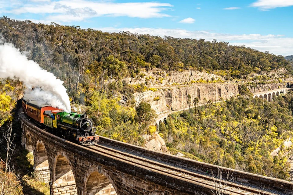 A steam locomotive crossing a historic stone railway bridge surrounded by a lush, green forested landscape.