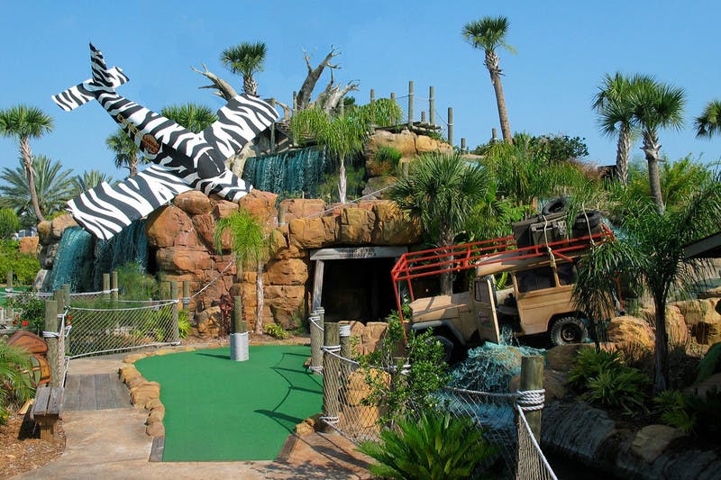 Mini golf course with a safari theme, featuring a zebra-striped airplane, jeep, rocky terrain, waterfall, and surrounding palm trees.
