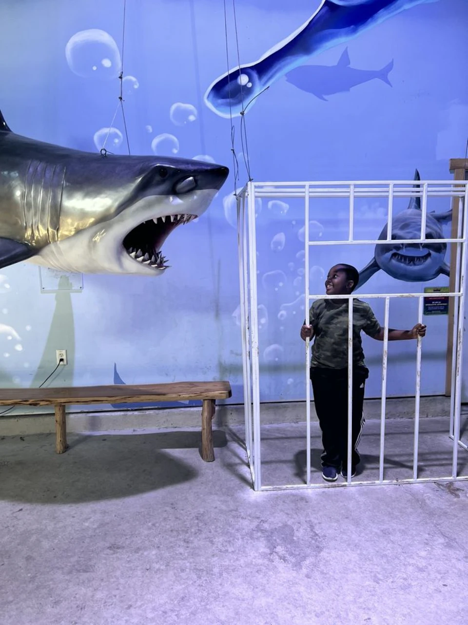 A child stands inside a metal cage looking at a large model shark with an open mouth in front of an aquatic-themed wall.