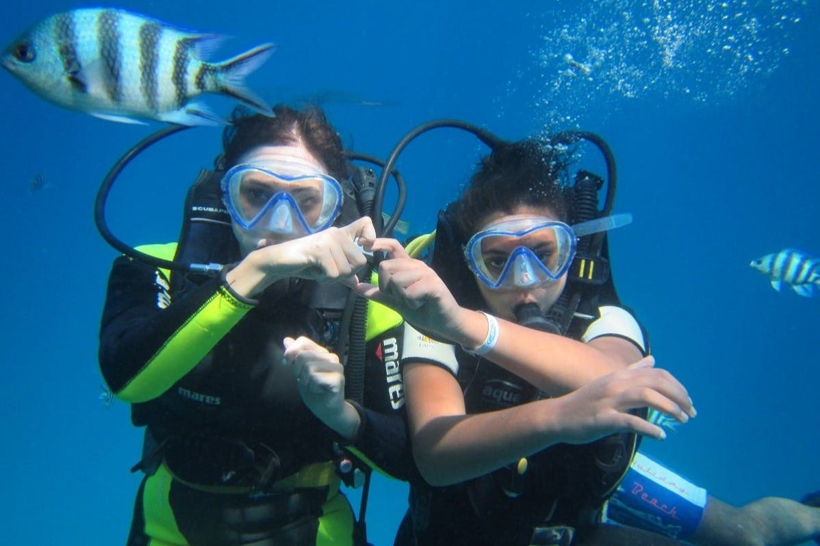 Two scuba divers underwater making hand signals, with a fish swimming nearby. Bubbles rise around them against the blue water.