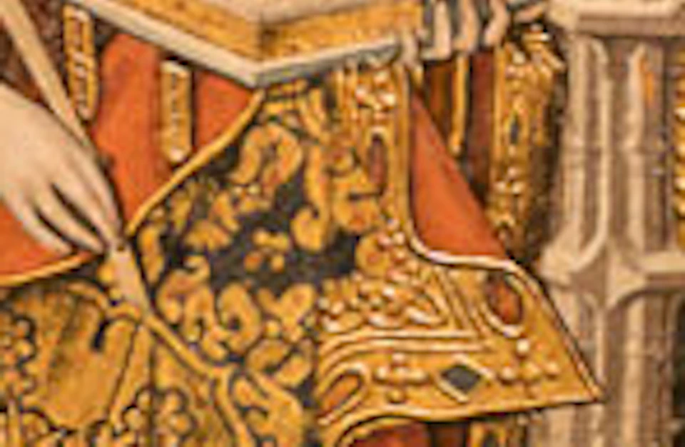 Two women observe a large, detailed religious painting in a museum, featuring multiple panels with various biblical scenes.