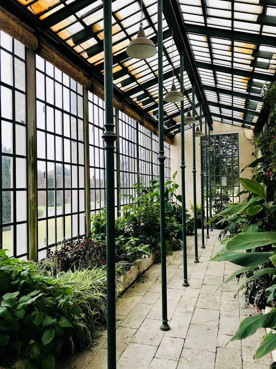 Greenhouse with tall windows, metal poles, plants, and tiled floor. Ceiling lights and a wall with climbing plants are visible.