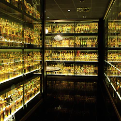 Rum med upplysta glashyllor fyllda med många flaskor med olika alkoholhaltiga drycker, vilket skapar en varm, gyllene glöd.